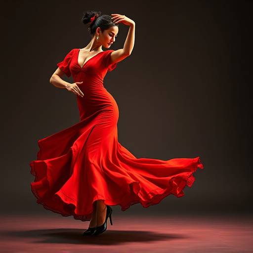 Bailaora de flamenco con un vestido rojo vibrante en movimiento
