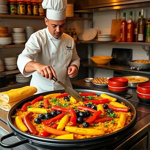 Chef preparando paella en una cocina tradicional espa&ntilde;ola con ingredientes frescos.