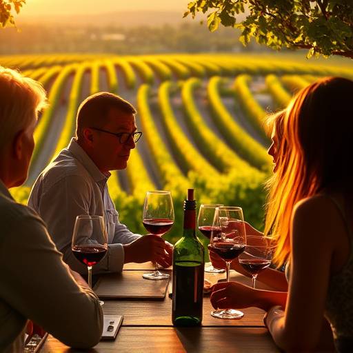 Grupo de personas disfrutando de una cata de vinos en una bodega hist&oacute;rica con vistas a los vi&ntilde;edos.