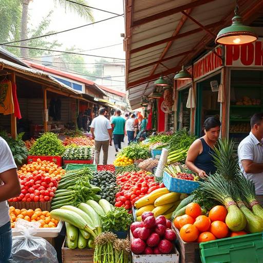 Mercado local lleno de productos frescos y coloridos