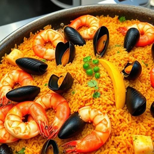 Paella marinera en una paellera grande, con arroz dorado, gambas y mejillones.