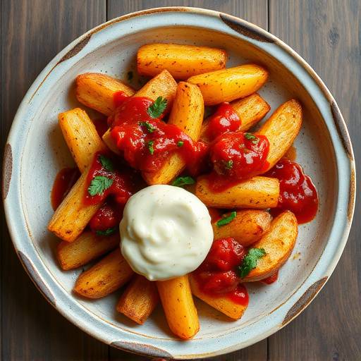Plato de patatas bravas con salsa picante y alioli