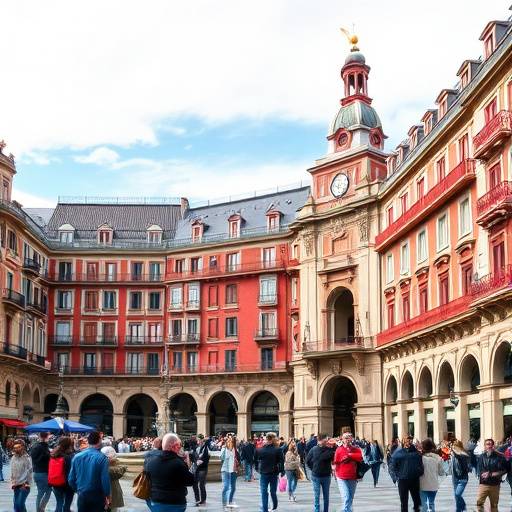 Plaza Mayor de Madrid con sus balcones rojos y gente paseando