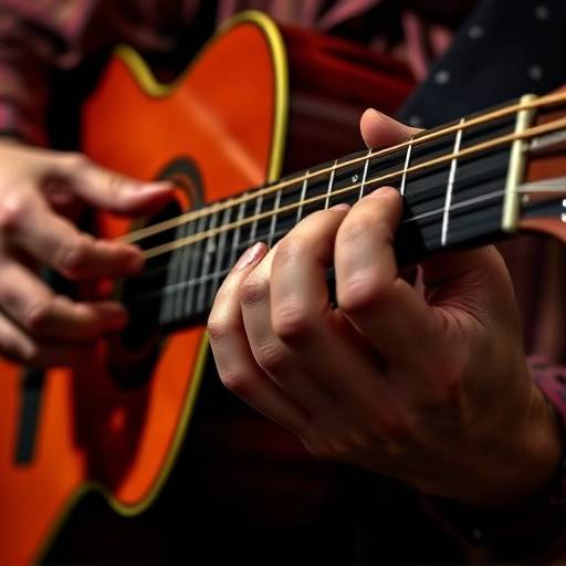 Primer plano de manos tocando una guitarra flamenca
