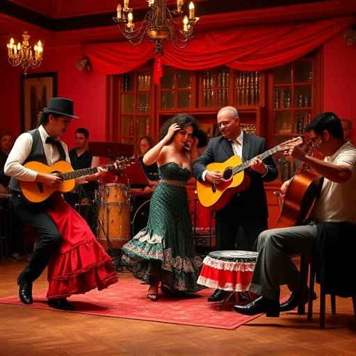 Tablao flamenco vibrante con bailarines apasionados y m&uuml;sicos talentosos.