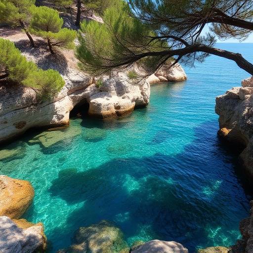 Una cala escondida de aguas cristalinas rodeada de pinos y rocas en la Costa Brava.