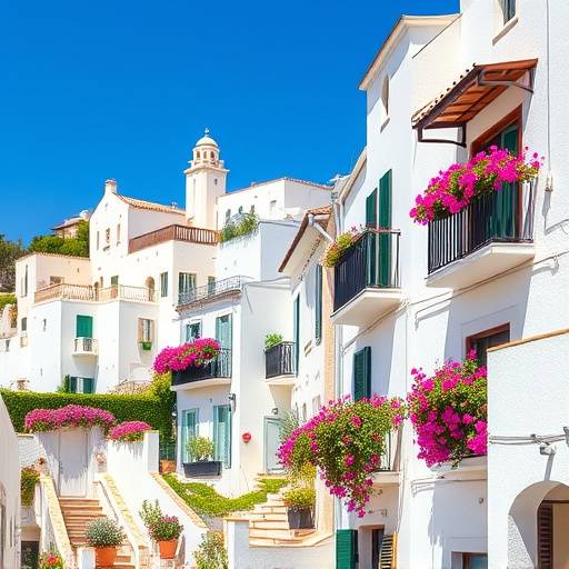 Vista de un pueblo blanco andaluz con flores en los balcones
